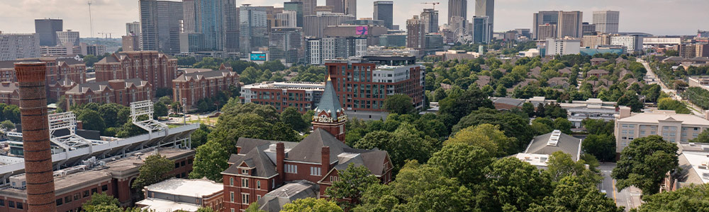 An aerial photo of Tech’s campus and Tech Tower among Atlanta’s skyline.