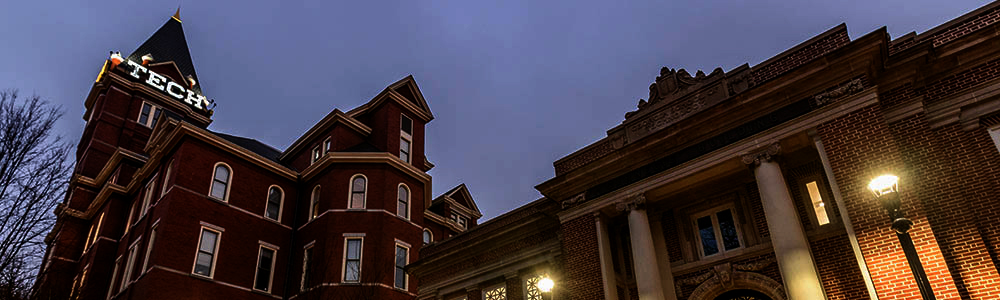 Tech Tower on campus in Atlanta, Georgia, at dusk.