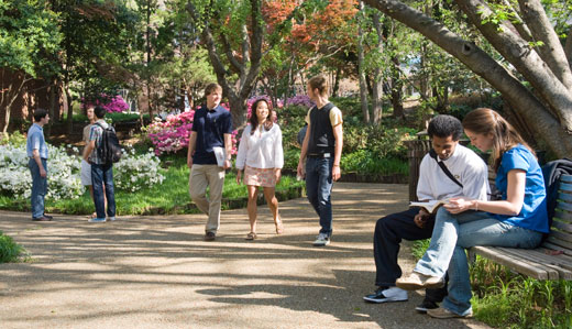 Students walk around the base of Tech Tower, an iconic building on Tech’s campus in Atlanta, Georgia.