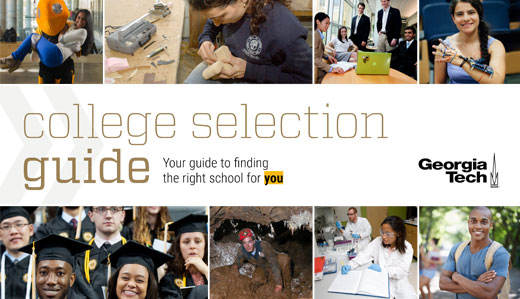 The cover of the college selection guide, showing a collage of typical college life scenes – including students researching, working together, and at graduation.