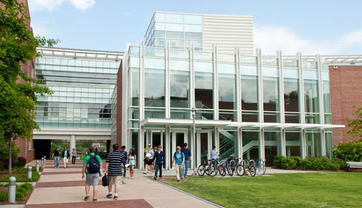 Students walking around on campus near the Klaus Building in Atlanta, Georgia.