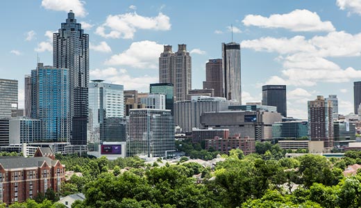 This photo, shot from a high vantage point, shows the dense tree growth and foliage around Tech’s campus as it meets the Atlanta skyline, which consists of tall buildings made of metal, glass, and concrete.